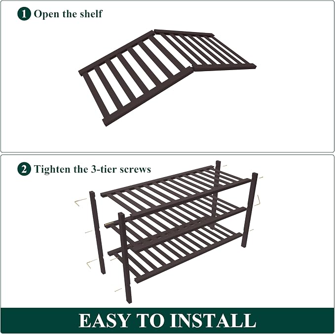 Smiry Bamboo Shoe Rack for Closet, 3 Tier Wooden Shoe Organizer, Stackable Wood Shoe Storage Shelf for Entryway, 14 Vertical Slats, One-piece Heavy-Duty Legs, 26.77"x11.02"x18.31", Brown