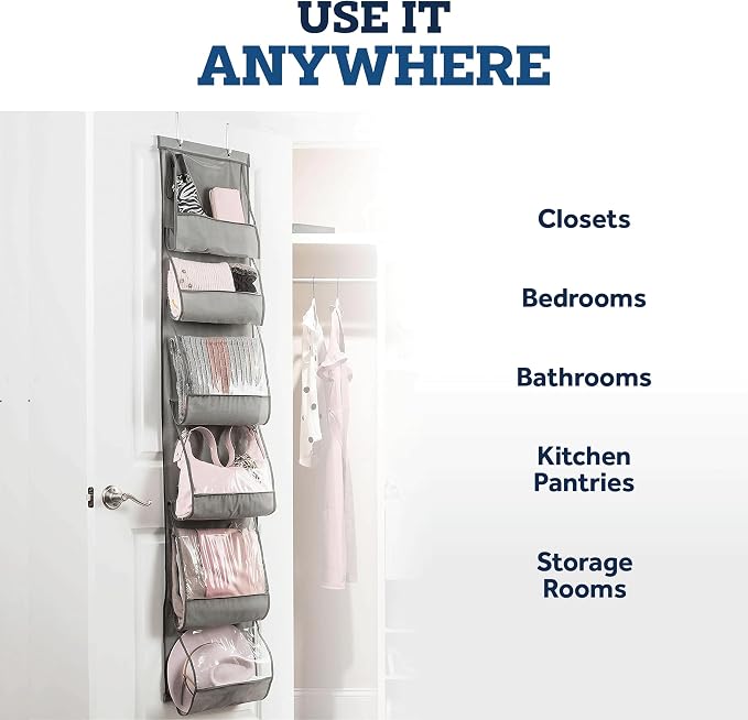 ZOBER Purse Organizer W/ 6 Pockets For Closet - Over The Door Easy Storage - Durable Metal Hooks - Purse Rack With Pockets - Gray (1 Pack)