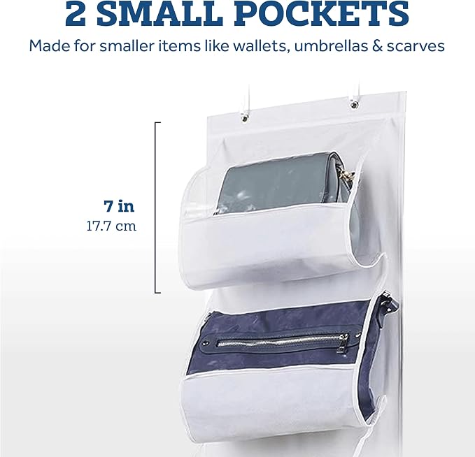 ZOBER Purse Organizer For Closet - Over The Door Purse Organizer W/ 6 Pockets for Easy Purse Storage - Durable Metal Hooks - Purse Rack W/Clear Pockets - White (1 Pack)