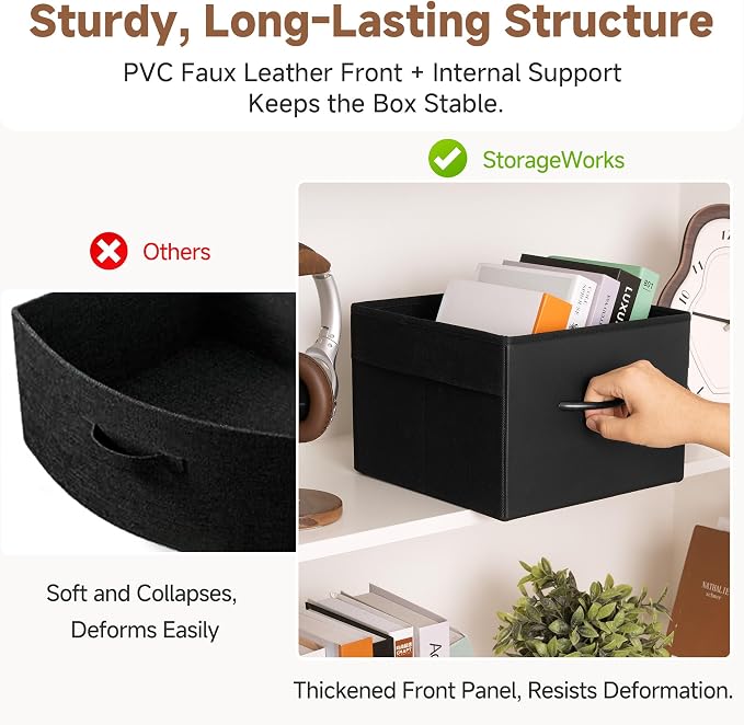 StorageWorks Black Storage Bins, Leather Front Fabric Storage Bins with Handles, Closet Organizers and Storage Bins, Organizer Baskets for Shelves and Closet, Collapsible Storage Baskets, 4-Pack
