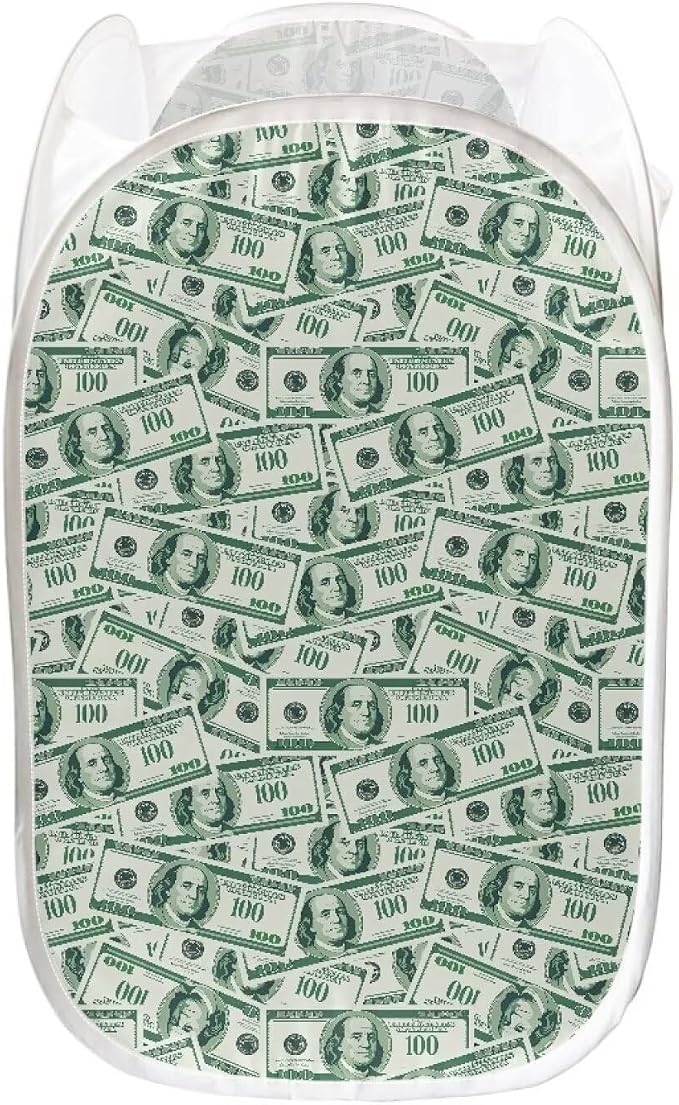 AFPANQZ Mesh Popup Laundry Hamper Large Collapsible Laundry Basket Width Side with Pocket, Dollar Print Foldable Clothes Hamper for Collage Dorms Kids Rooms Travel Save Place 61L