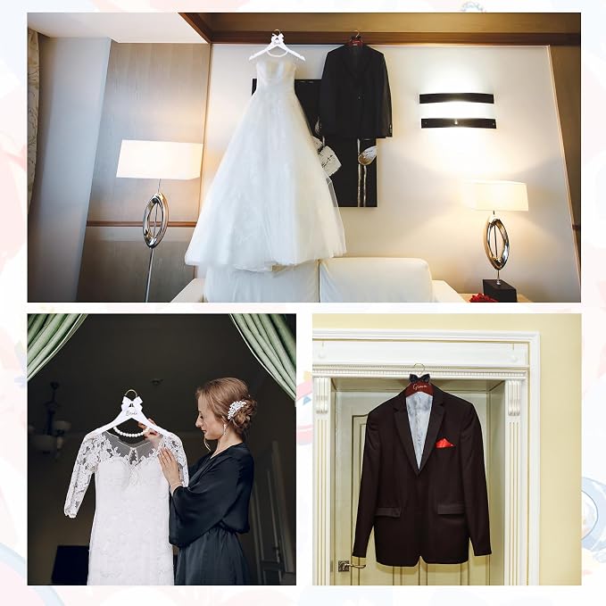 Beeveer 2 Pcs Bride Hanger for Wedding Dress Bride and Groom Wooden Wedding Dress Hanger Set with Bow Tie for Tuxedo Suit Gift Bridal Party Shower