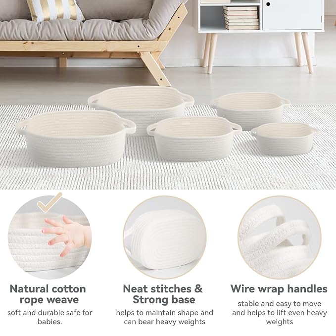 VOOWO Set of 5 Rectangular Cotton Rope Baskets for Storage, Organizing, Decorating, Off White
