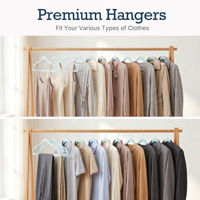 HOUSE DAY Sky Blue Velvet Hangers 60 Pack, Non Slip Clothes Felt Hanger Heavy Duty for Coat, Premium Slim Space Saving Suit Hangers for Closet Organizer, 360° Rotating Silver Hook