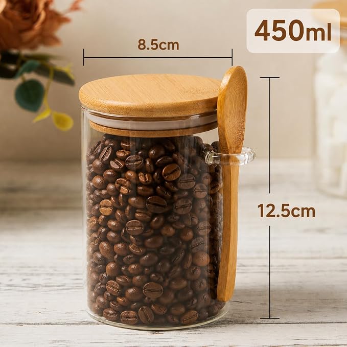 Coffee Sugar Container Salts Jars - 15oz Glass Airtight Caning with Bamboo Lids and Spoons Scoop, Storage Overnight Oats, Spice, Creamer, Food Organizer, Set of 3
