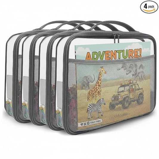 holay 4 Packs Large PVC Toy Storage Organizer with Zipper, Name Tag & Manual Pocket, Clear Durable Case for Blocks, Clay, Board Games, Travel (Gray, Large)