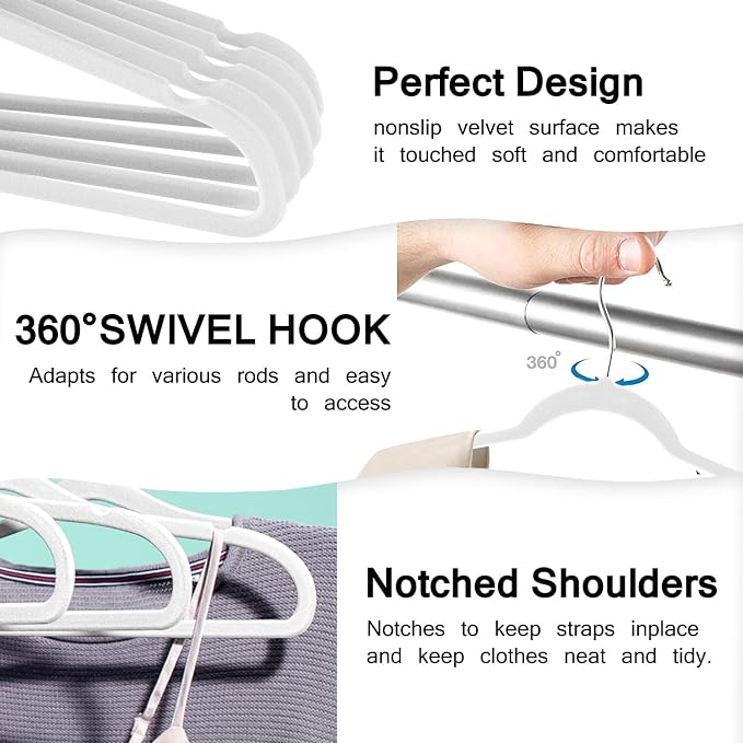 Velvet Clothes Hangers 50 Pack,Non-Slip Slim White Suit Hanger Space Saving Luxury Velvet Hangers for Wardrobe, Student Dorms, Home Organization