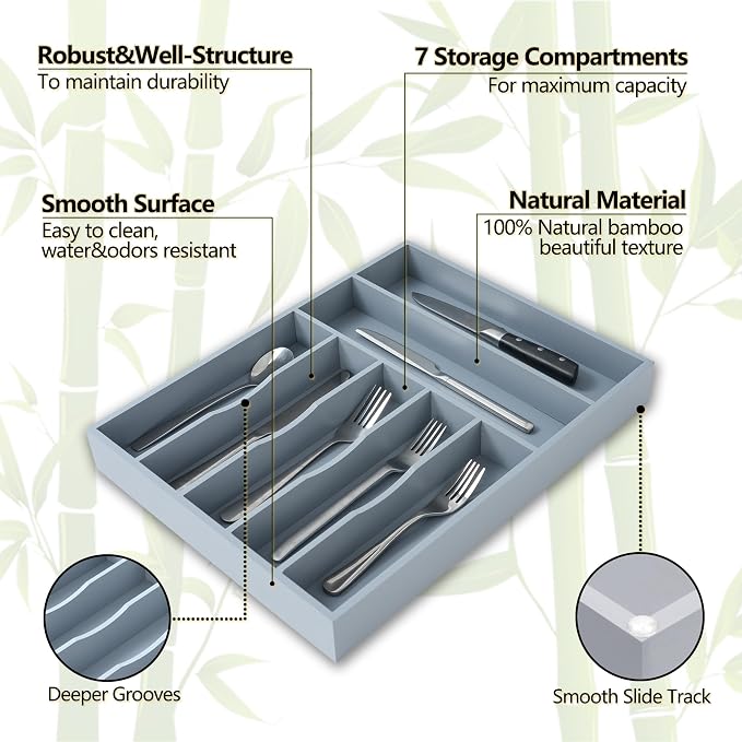 Silverware Organizer, 12.5 Inch Utensil Organizer Kitchen Drawer Organizer Bamboo Silverware Holder Cutlery Tray Organizer in Drawer Flatware Organizer Tray(7 slots, Gray