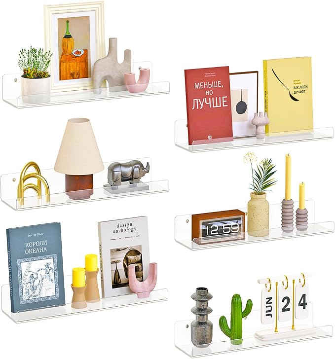Dooiclear 6 Pack Floating Shelves for Wall, 15" Clear Floating Wall Shelf | Acrylic Book Shelf, Display Shelves Organizer for Bathroom, Classroom, Bedroom, Living Room, Kitchen, Room Decor