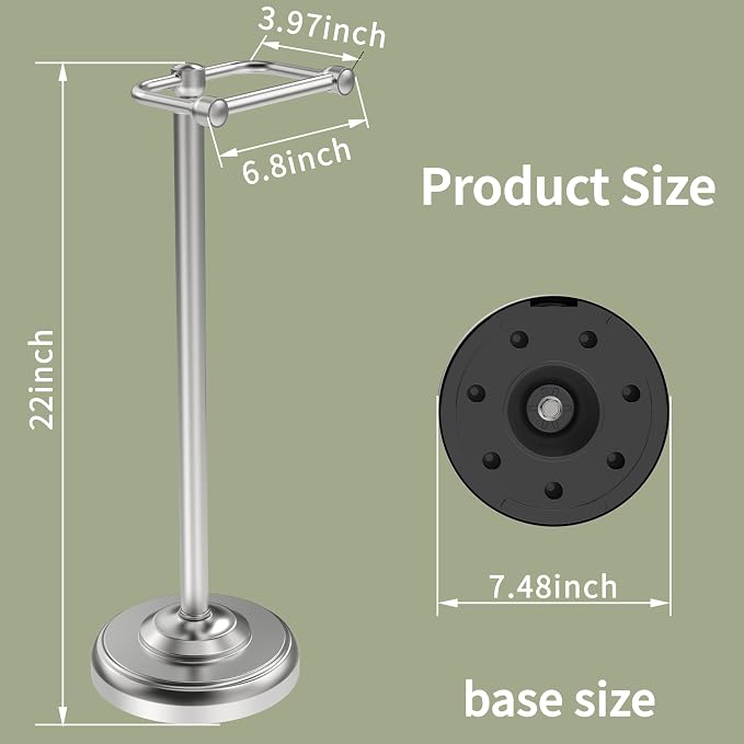 Toilet Paper Holder Stand, Brushed Nickel Toilet Paper Holder Free Standing,Post Pivoting Design & Stable Weighted Base SUS304 Stainless Steel for Bathroom
