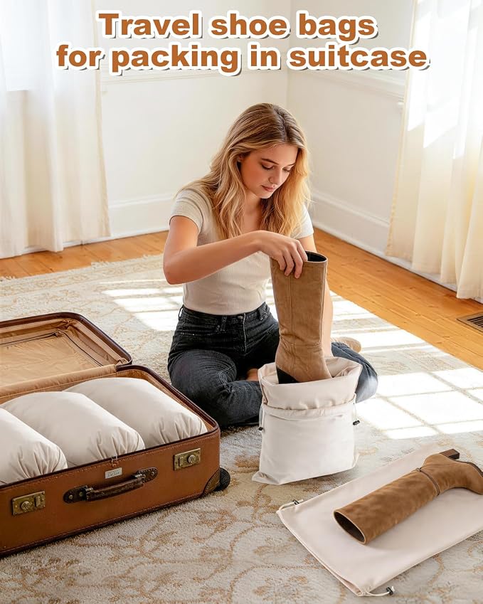 2 Pcs Shoe Bags for Travel, Large Boot Bag, Beige, 21.2x13.3 Inch | Washable & Reusable Travel Shoe Bags, Dustproof Shoe Bags with Drawstring Closure, Suitable for Travel, Home Storage