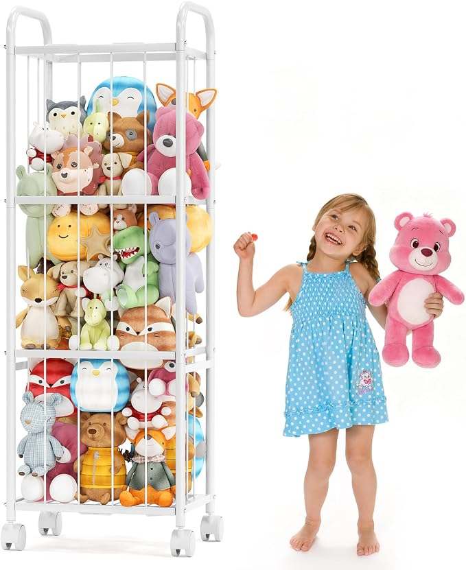 Stuffed Animal Storage, Metal Tube Toy Storage Organizer Extra Large Stuffed Animal Holder With Brake Wheels, Stuffed Animal Zoo Organizer For Nursery Playroom Kids Room White(53.5” x 18.1”x 13”) 13”)