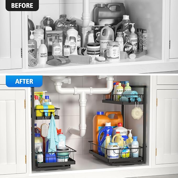 WOWBOX Under Sink Organizer 1 Pack, 2-Tier Cabinet Organizer for Kitchen, Bathroom, Slide Out Drawer Under Sink Organizers and Storage, Metal Organizing Rack for Pantry, Cabinet, Closet