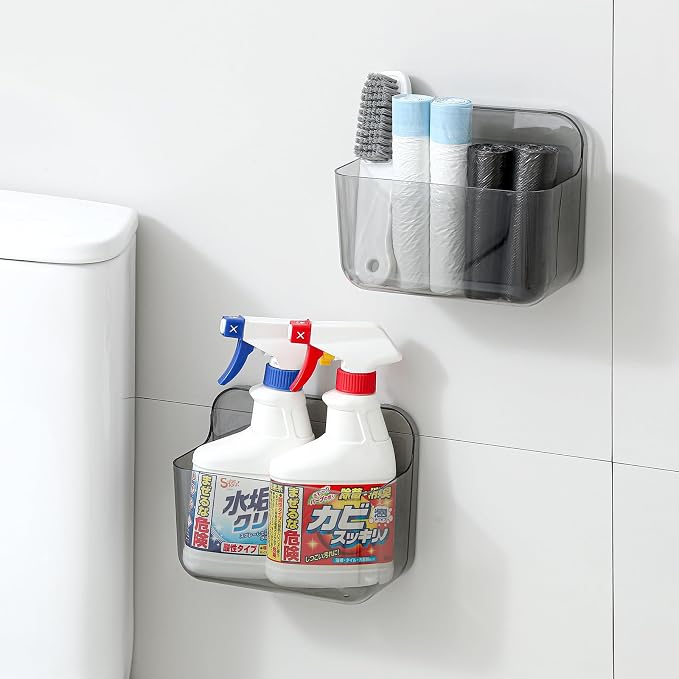 2 Pack Adhesive Cabinet Door Organizer, Compact Kitchen Under Sink Organizer, Lid Storage Container for Pantry Shelves, No-drill Wall Mounted Bathroom Shower Caddy Hanging Closet Organizer(Smoke Gray)