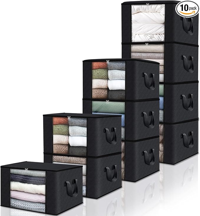 Fab totes 10 Pack Clothes Storage, Foldable Thick Fabric Blanket Storage Bags, Containers for Organizing Bedroom, Closet, Clothing, Comforter,Closet Organization with Handle,Black