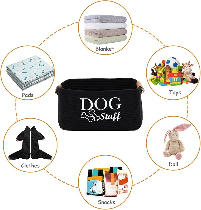 Geyecete Square Dog toy basket storage Cotton Rope Storage Basket Pet/Pet Toy And Accessory Storage Bin Doy Toy Box-Black