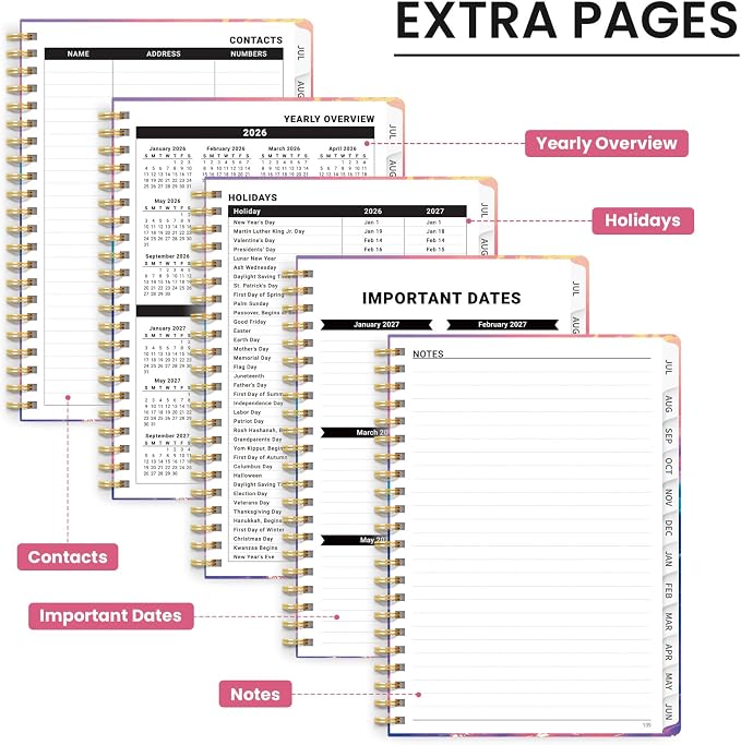 Planner 2026-2027, Hardcover Monthly and Weekly Academic Planner July 2026 - June 2027, Teacher and Student Calendar Agenda Book with Tabs, A5 (6.3" x 8.5"), Ideal for School and Office, Floral Planner, Sunwave Glow