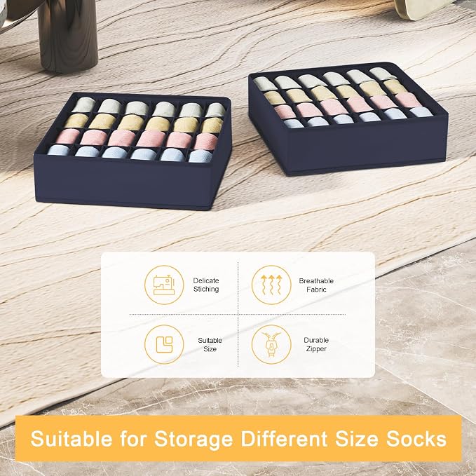 joyoldelf Sock Organizer Drawer Organizer - 2 Packs Underwear Organizer,24 Cells Collapsible Closet Organizers and Storage Sock Holders Organizers for Storing Socks, Ties, Belts(Navy Blue)