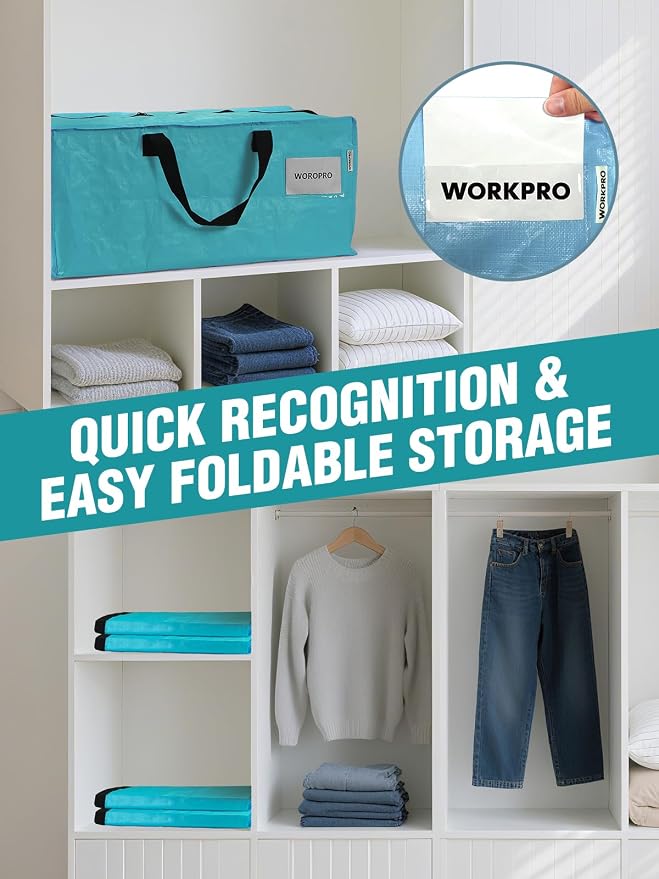 WORKPRO 4 Pack Extra Large Moving Bags with Zippers & Carrying Handles Backpack Straps, Heavy-Duty Storage Tote for Space Saving Moving Storage (Blue)