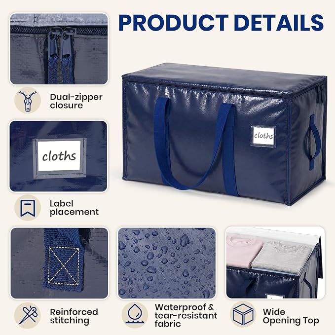 Velway Pack of 2 95L Storage Bags, Heavy-Duty Christmas Warehouse, Blue, Moving Boxes, Large, Foldable with Zip Handle, Waterproof Storage Bag for Moving Bedding, Clothing, Storage