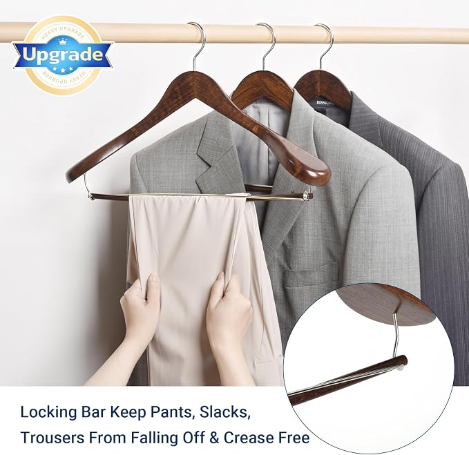Amber Home 6 Pack Wide Shoulder Wooden Suit Hangers, Retro | Retro Wood Coat Hangers with Non Slip Locking Bar, Clothes Hangers for Jackets, Sweaters, Pants & Heavy Clothes