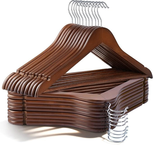 Wooden Hangers 30 Pack,Heavy Duty Solid Wooden Clothes Hangers with Pant Bar,360-Degree Rotatable Hook,Durable & Slim Wood Hangers for Coats,Jackets,Dress,Pants(Walnut)