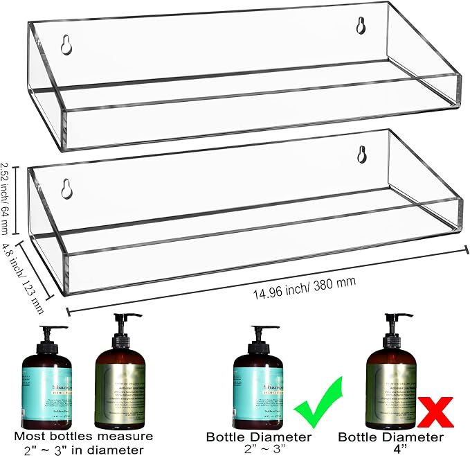 AMT 2 Pack Acrylic Floating Shelves, 15" L x 4.8" W, Clear Bathroom Wall Shelf, Bookshelves, Invisible Display for Office, Bedroom, Small Gap Allows Water to Escape, Free Screws & Drill Bit (XL)