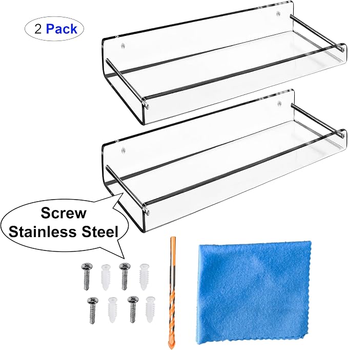 AMT 2 Pack Acrylic Floating Shelves, 15" L x 4.8" W, Clear Bathroom Wall Shelf, Bookshelves, Invisible Display for Office, Bedroom, Small Gap Allows Water to Escape, Free Screws & Drill Bit (Medium)