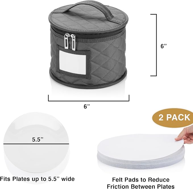 2 Pack 6" Small Plate Storage Case - China Storage Container - Stackable With Padded Interior to Store Dinnerware Dishes - 24 Felt Dividers Included - Gray - Great for Saucers and Small Bowls