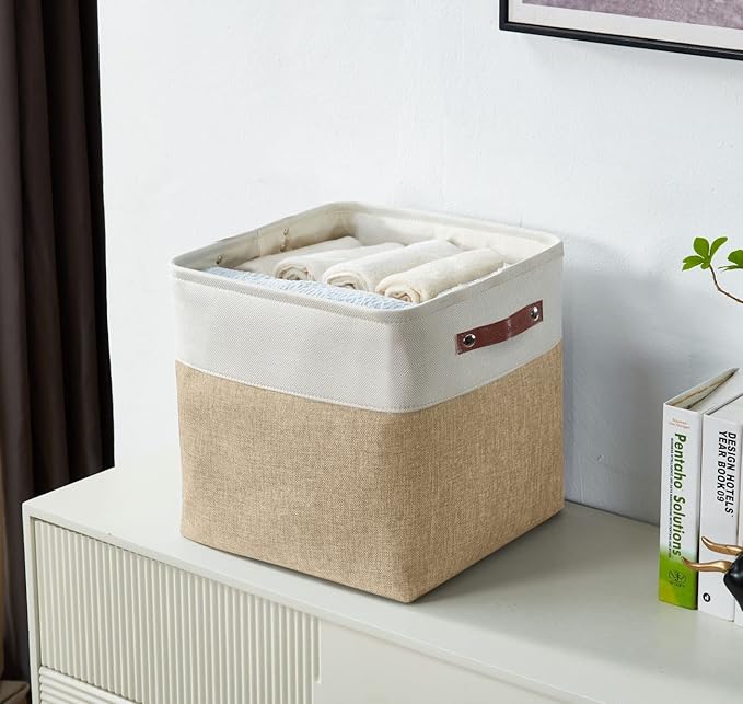 DECOMOMO Cube Storage Bin 11x11, Fabric Storage Bins, Kallax Storage Cubes (Beige & White, 4 Pack)