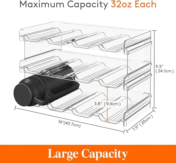 Lifewit Stackable Water Bottle Organizer for Cabinet, Plastic Bottle Holder Fits Bottles/Tumblers up to 3.8" Diameter for Pantry/Countertop, 3 Tier Holds 12 Bottles 41 x 20 x 24 cm/16" x 8" x 9.5"