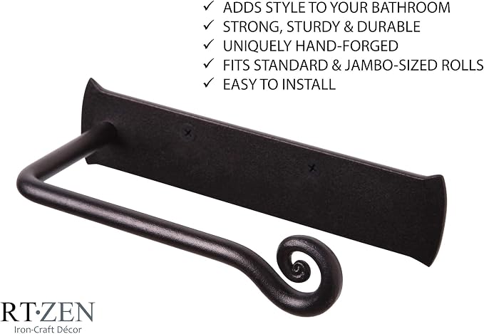RTZEN Bathroom Toilet Paper Holder - Handcrafted Rustic Wrought Iron Wall Decor Toilet Roll Holder - Black Matte Wall Mount Bar for Modern Farmhouse Bathroom Decor