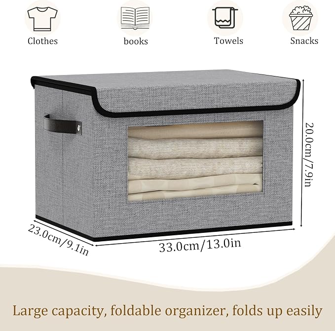Gray Storage Baskets with Lid,Closet Bin,13x9.1x7.9In,5Pack | Fabric Storage Bin with Handles,Portable Decorative Box for Clothes,Hat, Books,Shelf Baskets,Closet Organizers for Bedroom