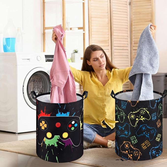 Zhehao 2 Pcs Gamer Laundry Basket Boys Kids Laundry Hamper Gamer Room Decor Gaming Storage Basket Hamper Clothes Organizer Nursery Toy Storage Bin for Gifts Bedroom Bathroom Decoration(Stylish)
