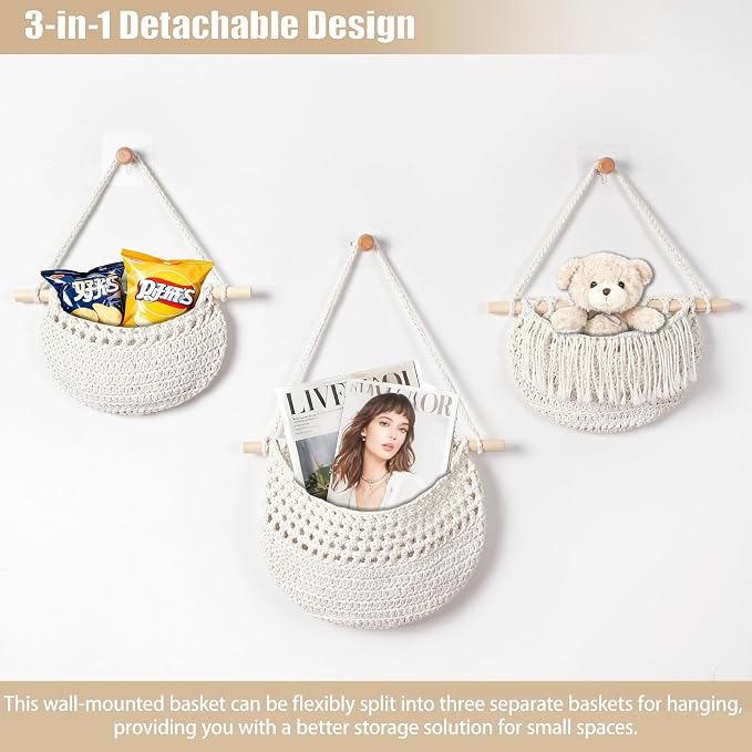 Halidali 3 Tier Hanging Fruit Baskets for Kitchen, Boho Cotton Rope Handwoven Vegetable Hammock Produce Storage Wall Mounted Large Organizing Basket for Farmhouse Decor, Onion, Potato (White)