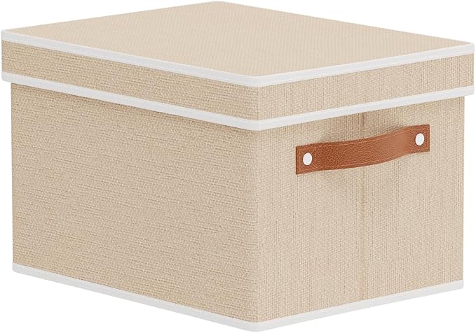Foldable Storage Bin, 10.2×7.8×6.7 Inch Storage Box with Lid, Closet Organizer for Organizing with Handles, Beige, 1-Pack