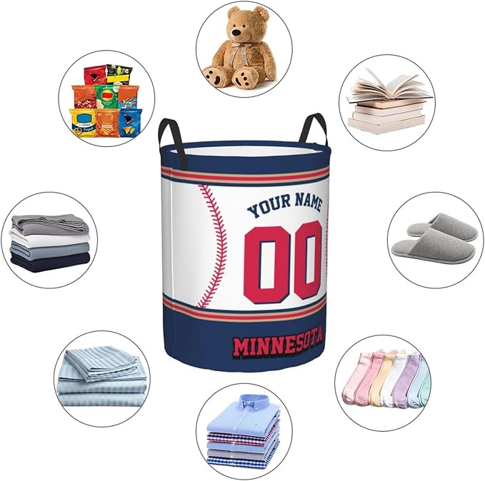 Custom Minnesota Laundry Hamper Personalized Laundry Basket Customized Name And Number Collapsible Storage Basket for Bedroom Bathroom Living Room Baseball Fan Gifts