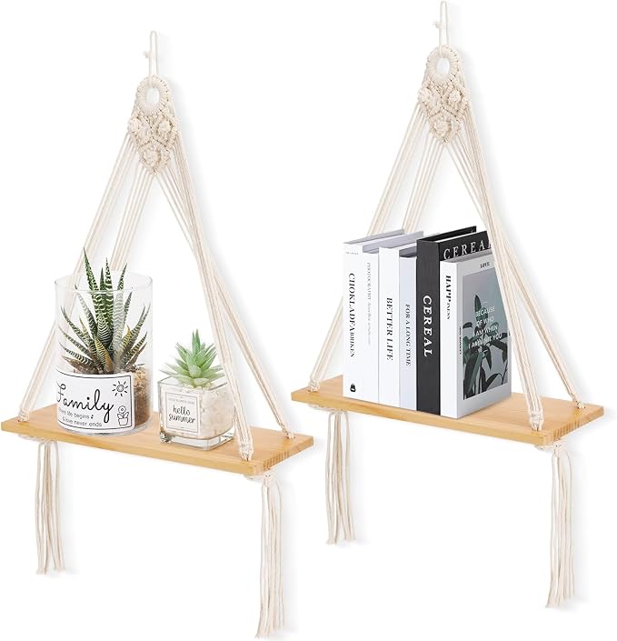 Sunkaioo Macrame Wall Hanging Shelf Set of 2,Boho Wooden Display Floating Shelves for Wall Decor with Handmade Woven Rope,Farmhouse Rustic Plant Shelf for Bedroom Dorm Nursery Living Room Bathroom