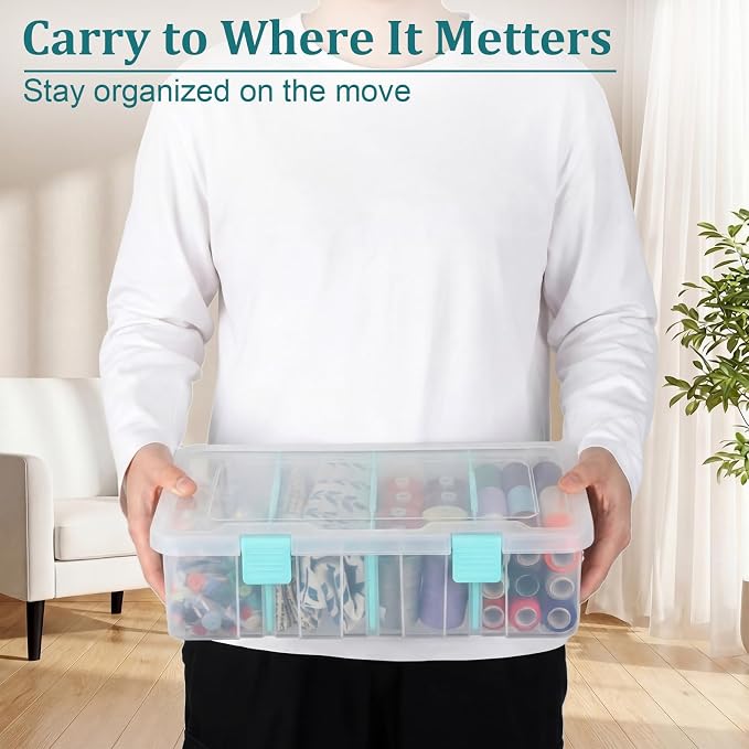 BTSKY Clear Plastic Dividing Storage Box with 4 Compartments Adjustable Storage Bin with Lid Plastic Craft Storage Container Multipurpose Sewing Box Art Supply Organizer, 13.3x8.1x3.4 Inches