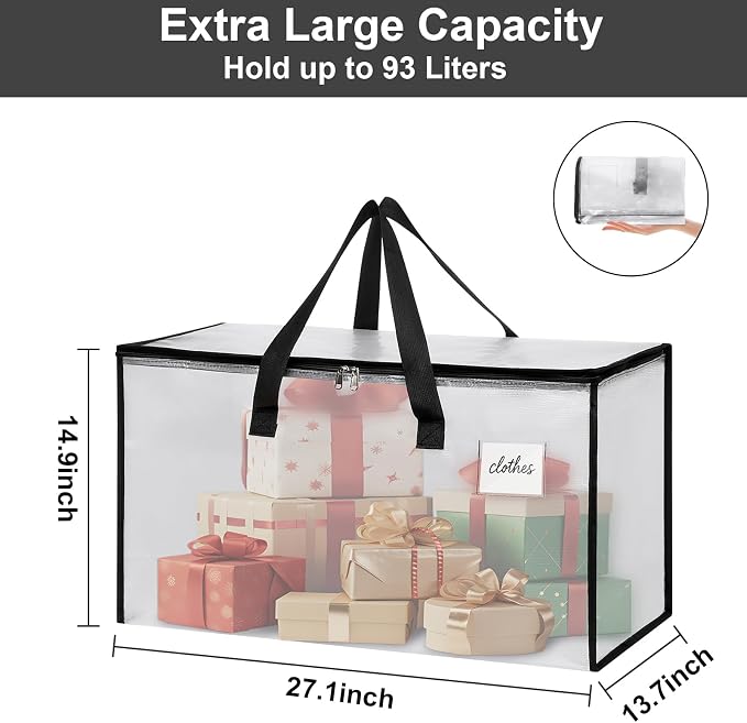 6 Pack Extra Large Heavy Duty Clear Moving Bags with Reinforced Zippers & Wide Carry Handles, See-Through Storage Totes for Clothes Packing, Dorm Moves & Home Organization