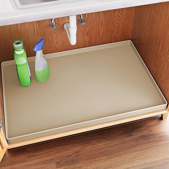 FLATO Waterproof Under Sink Mat 25" x 22" Shelf Liner for Kitchen and Bathroom, Cabinet Protector, Organizers and Storage, Flexible Silicone Drip Tray