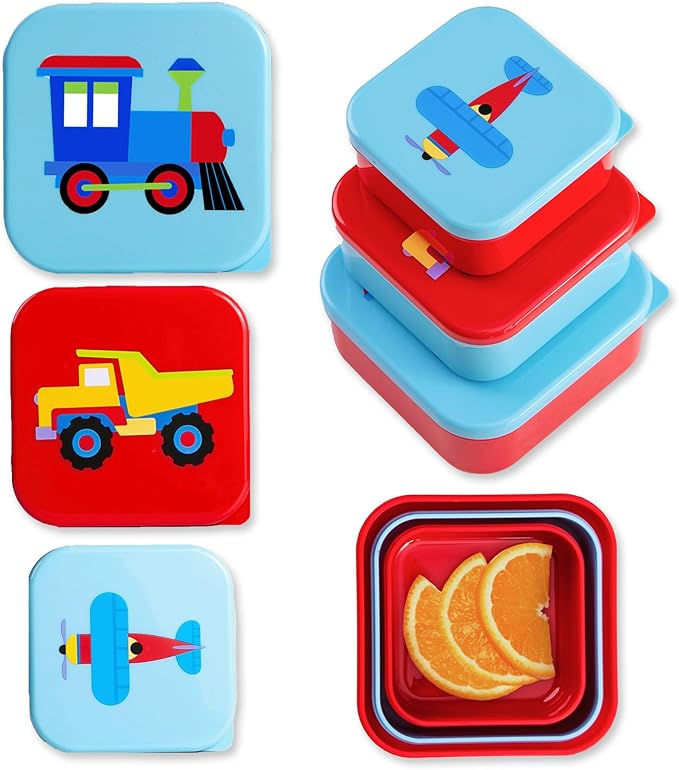 Wildkin Set of 3 Kids Nesting Food Containers for Boys – Stackable, Airtight & BPA-Free Snack Containers, Dishwasher Safe Lunch Box Containers for School & Travel, Ages 3–12 – Trains, Planes & Trucks