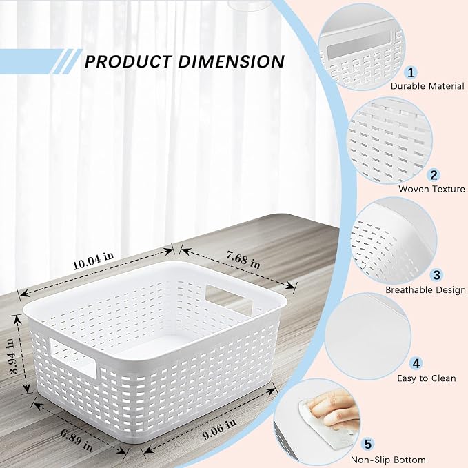 Plastic Storage Baskets for Cabinets, Household Pantry Organization with Handle,Organizer Bins for Room,Bathrooms,Under-Sink,Kitchen (White, S-3PACK)