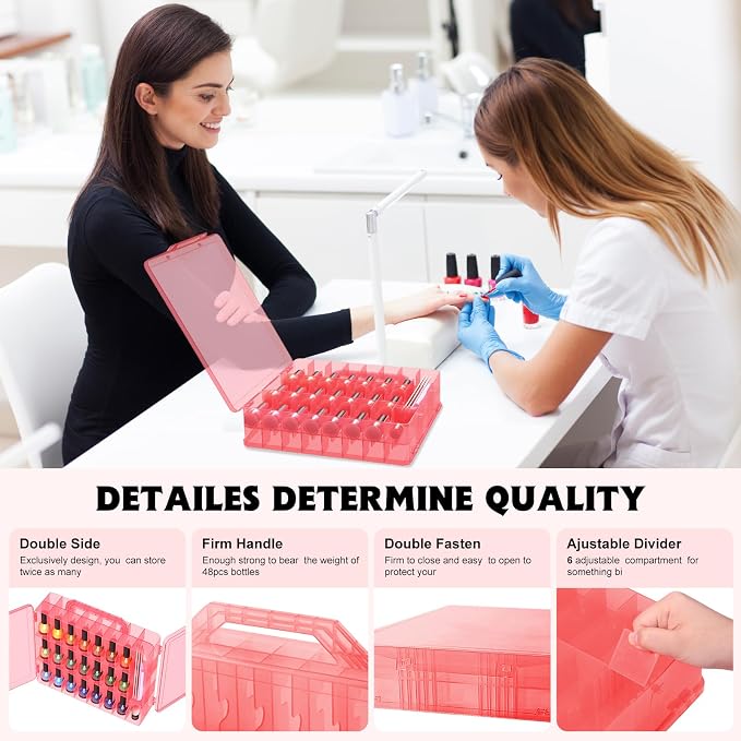 SUBAY 2 Pcs Portable Nail Polish Organizer, Clear Double Side Nail Polish Holder,Gel Nail Storage for 48 Bottles with 6 Adjustable Dividers in Each Side Space Saver Red