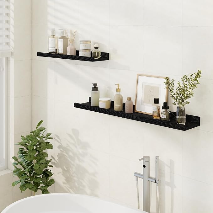 FLYJOE Floating Picture Ledge Shelves 36 Inch Solid Oak Wood Set of 2, Rustic Wall Storage Shelves with Lip, Kids Bookshelf, Photo & Picture Ledge Shelves for Bedroom, Living Room, Kitchen