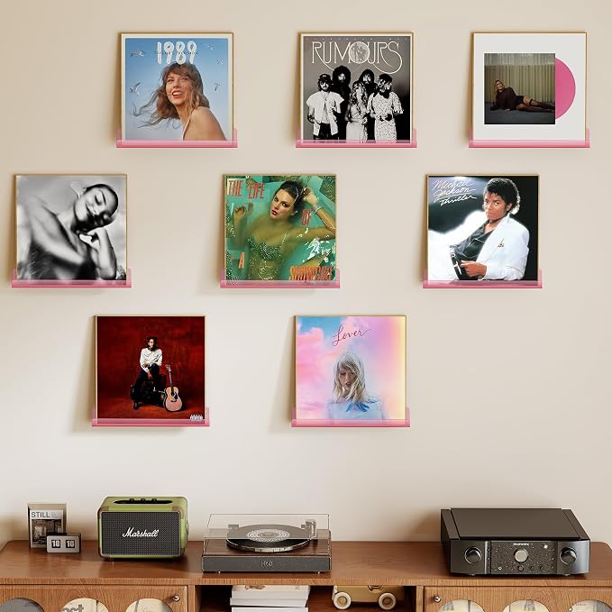 Vinyl Record Wall Mount Shelves, 12 inch Vinyl Holder, 8 Pack, Pink | Acrylic Floating Shelves for Album Record Storage Display, Wall Decor, Magazine Rack, Kids Bookshelf, Picture Ledge
