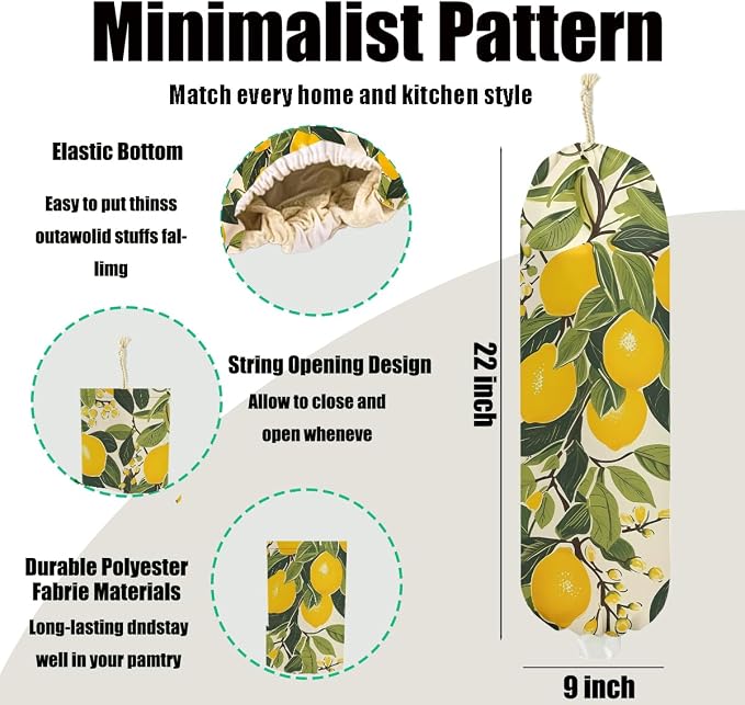 Lemon Plastic Bag Holder for Kitchen Essentials, Summer Wall Mount Grocery Bag Holder for Plastic Bags, Washable Grocery Bags Storage Dispenser for Home Kitchen Decor, Lemon Gifts for Women Mom