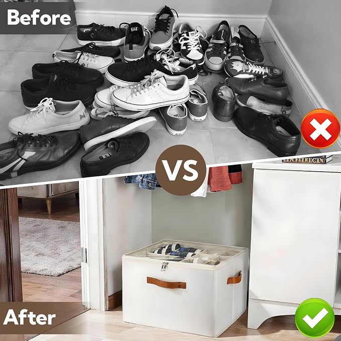 VZZNN 2 Pack Shoe Organizer for Closet, Foldable Shoe Storage Bins with Clear Cover and Adjustable Dividers, Fits up to 16 Pairs, Large Shoe Box Storage Containers with Reinforced Handles (Beige)