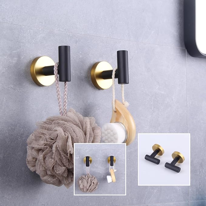 GERZWY Stainless Steel Towel Hook Robe Hook Coat Hook Heavy Duty Wall Mounted Luxury Hooks for Bathroom Hotel 2 Pack (Black & Gold) AG1107B-BD