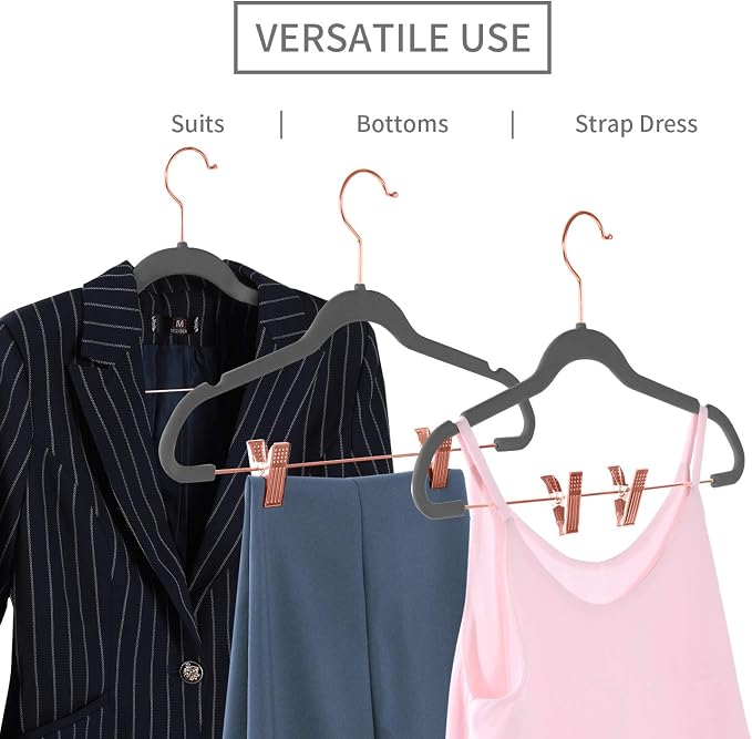 MIZGI Premium Velvet Pants Hangers with Clips (Pack of 20) Slim Skirt Hangers- Non Slip Felt Outfit Dress Hangers Gray - Copper/Rose Gold Hooks,Space Saving Shirt Clothes Hangers